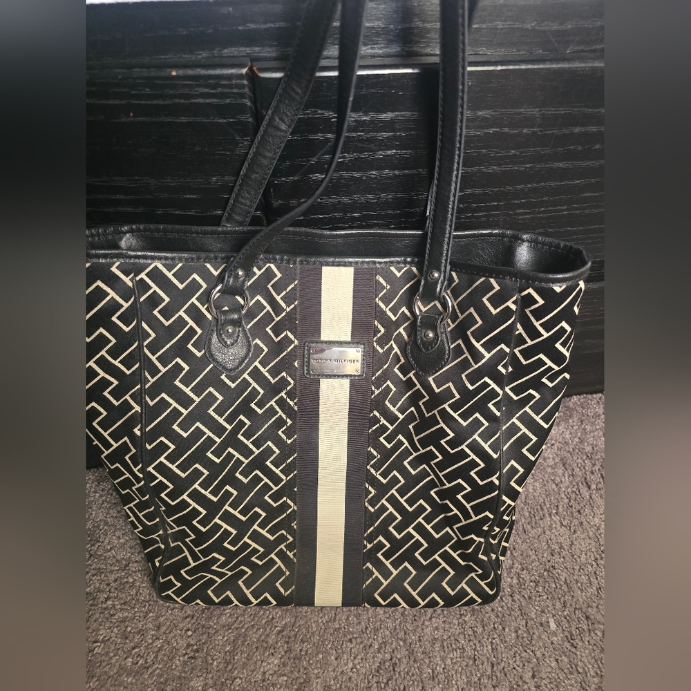 Tommy Hilfiger Black and Cream Patterned Tote